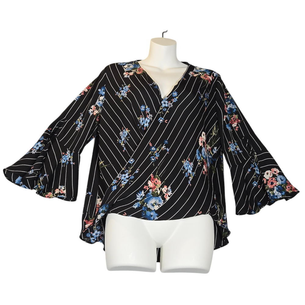 By & By Womens Large Floral Blouse Black Hi-Lo Hem Bell Sleeves Boho Peasant Top